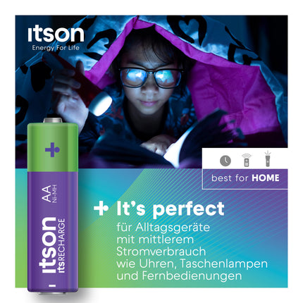 ITSON, AA rechargeable batteries, 8 pieces, capacity min. 2000 mAh, packaging 95% recycled, made in Japan, best for remote controls, flashlights, watches