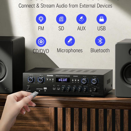 Helivõimendi Bluetooth 5.0, Donner 440W helivõimendi 4 kanaliga, stereovastuvõtja USB, SD, FM, 2 mikrofonisisendit Echo, RCA, LED, stuudio, kodukino jaoks, MAMP5
