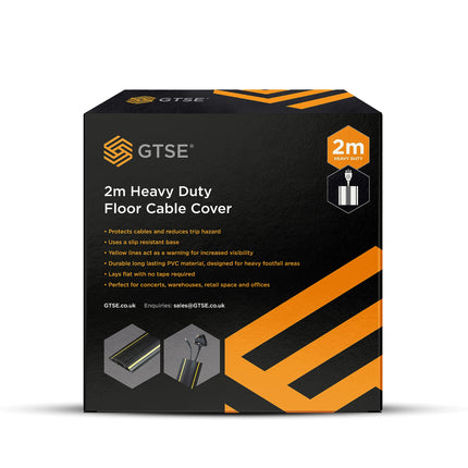 GTSE - Floor Cable Cover - Heavy Duty - Protects Cables &amp; Reduces Trip Hazards - Non-Slip Base - Black &amp; Yellow - 2 m Length - for Offices/Schools/Factories/Events
