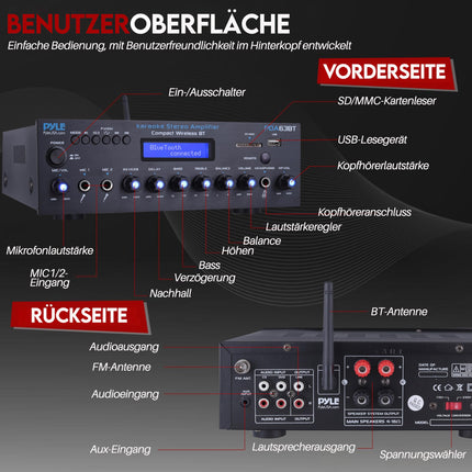 Pyle võimendi, AV-vastuvõtja, minivõimendi, stereovõimendi, Bluetooth-võimendi, 200 W võimendi, stereovastuvõtja - mitmekanaliline koos FM-raadio, BT, USB/SD, AUX, RCA, mikrofonisisendiga, BT ja FM-antenniga