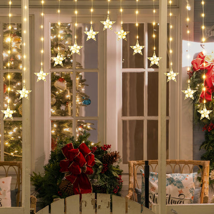 SALCAR 3m LED Star Curtain Lights - 222 LEDs with 16 Star String Lights, Window Decoration with Timer, Christmas Lighting for Balcony, Party, Wedding - Warm White