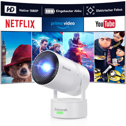 Polocsh Projector, Mini Projector with Battery, WiFi and Bluetooth 1080P Outdoor Projector 4K Support, Electric Focus &amp; Auto Keystone Correction and 270° Rotation, Android 11.0 Home Theater Smart Projector with HDMI (White)