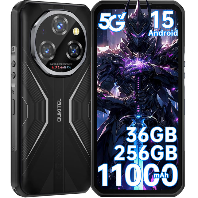 OUKITEL WP55 Android 15, lepinguta õuetelefon - 11000mAh õuenutitelefon 5G 36GB+256GB/2TB veekindel mobiiltelefon, 6,6" FHD+ ehitusplatsi telefon, 108MP+32MP kaamera, kahekordne 5G SIM/IP68/NFC/Face ID must