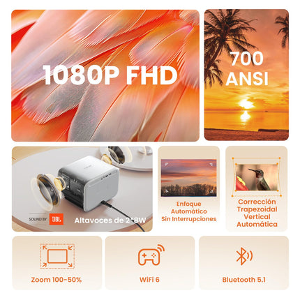 JBL-i projektori heli, 700 ANSI 1080P natiivprojektor, Yaber L2s sujuva autofookusega nutiprojektor, videoprojektor WiFi6 ja Bluetooth 5.1 kodukino projektoriga mobiiltelefonile/sülearvutile, ühildub teleripulgaga