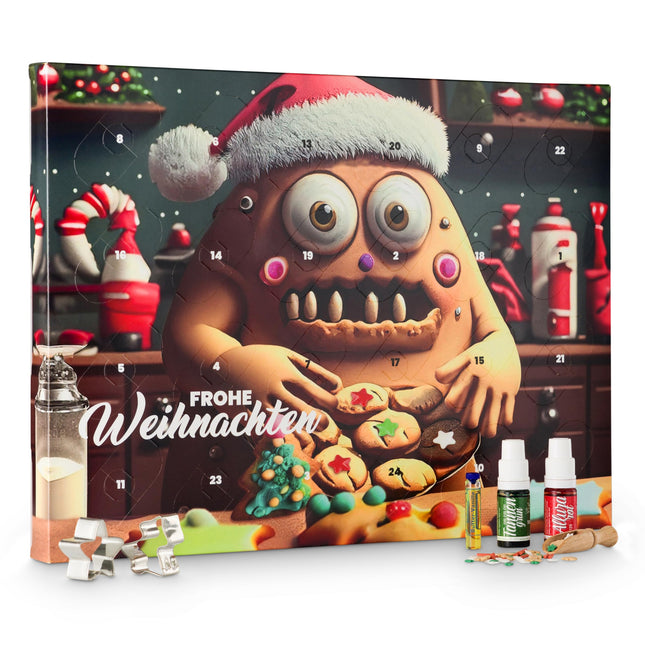 Kaffeehaus Diamant Monster küpsiste küpsetamise advendikalender 2024, 140g, 24 uksega, mis on täis küpsetusaineid ja küpsetustarvikuid koos vaniljesuhkru, toiduvärvi, suhkrupuru, sidrunimaitse ja küpsisevormidega.