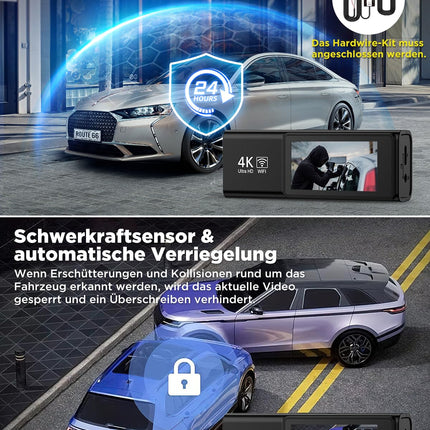 Topabol autoregistraator, 4K + 1080P autoregistraator ees ja taga, WiFi-ga autoregistraator 64 GB SD-kaardiga, kahekordne autokaamera öönägemisega, 170° lainurk WDR, G-andur, tsükkelsalvestus, rakenduse juhtimine, max 256 GB