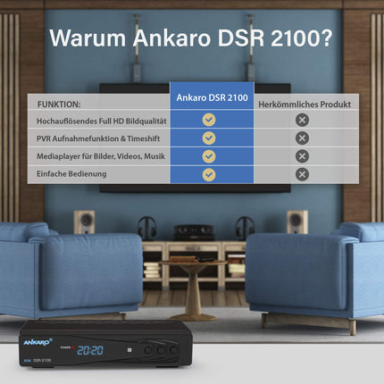 ANKARO DSR 2100 digitaalne Full HD 1080p satelliitvastuvõtja must USB-meediapleieri, salvestusfunktsiooni ja ajanihke/HDMI/SCART/LED-ekraaniga / 12V toiteallikaga, ideaalne telkimiseks