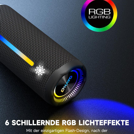 OHAYO Bluetooth Speaker with LED Light, 25W Dual Drivers Bluetooth Box, Portable Music Box, 24H Battery, Bass Boost, IPX7 Waterproof, 6 RGB Modes, Outdoor Speaker for Hiking