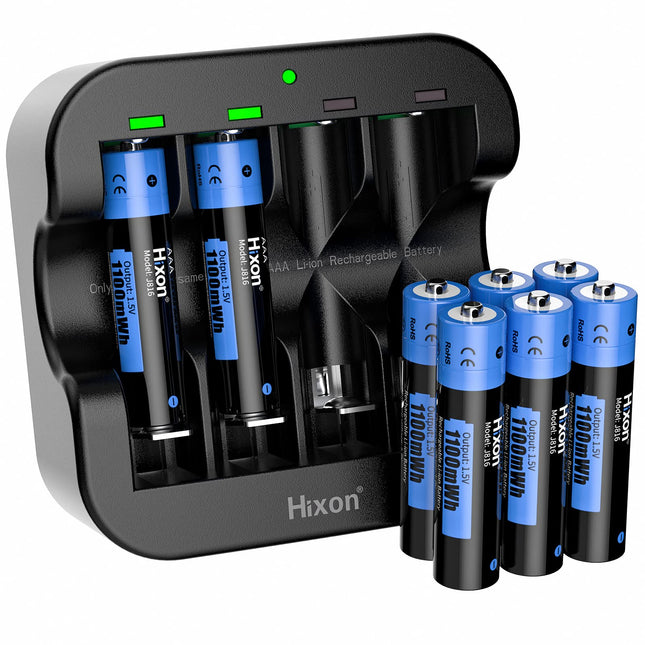 Hixon AAA Lithium Battery, Rechargeable 1.5V Lithium AAA Battery, 1100mWh High Capacity, 2 Hours Fast Charge, 8 Pieces AAA Battery with Black Charger