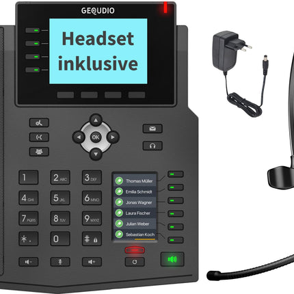 GEQUDIO IP-telefon GX5+ komplekt toiteploki ja 1-kõrvalise juhtmega peakomplektiga - Fritzboxi ja Telekomi ühilduv - käed-vabad seadmed ja 2 värvilist ekraani - saksakeelne kasutusjuhend (PDF) Fritz Boxi, Sipgate'i ja Telekom Speedporti jaoks