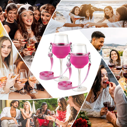 Pack of 4 wine glass holders for hanging with glass, wine glass holder for the neck, portable wine glass holder, for picnics, pool, festivals, weddings, birthday parties, large (wine glasses not included) (pink)