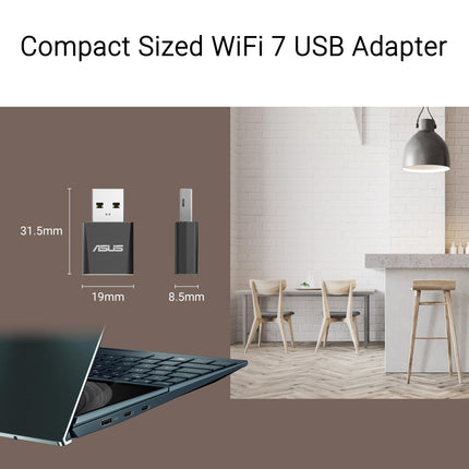 ASUS USB-BE92 Nano Tri-Band BE6500 WiFi 7 Nano USB adapter (6 GHz sagedusala, toetab 4096-QAM, ühenda ja mängi, ühildub Windows 10 ja 11-ga)