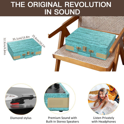 Trynnay Record Player 3-Speed ​​Bluetooth, Portable Suitcase Vinyl Player with Built-in Speakers, Record Player, Enhanced Audio Sound, Waxed Leather Retro Blue