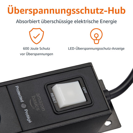 Amazon Basics pikendusjuhe, vastupidav metall, ülepingekaitse, ristkülikukujuline, 9 pistikupesa (EL-pistik), 600 džauli, 1,8 m kaabel, must