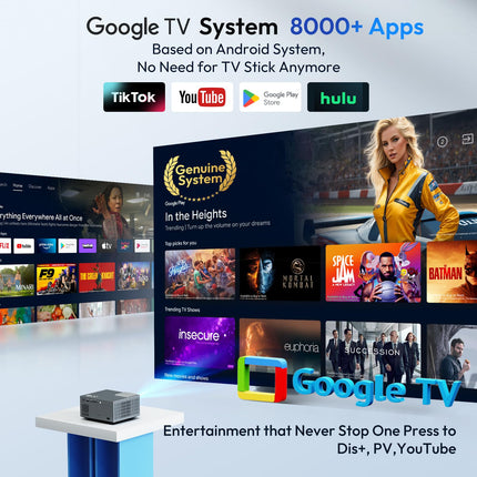 Projektor Google TV-ga, XGODY Sail2 600ANSI elektrilise fookusega nutiprojektor, natiivne 1080P Bluetooth WiFi projektor, 4K, automaatse korrektsiooniga kodukino pulgaga, eelinstallitud Netflix, 7000+ rakendust.