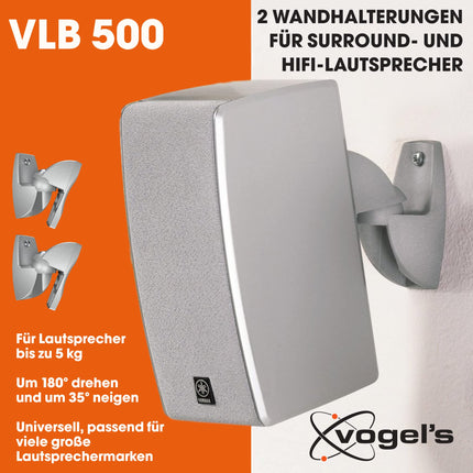 Vogel's VLB 500 kõlari seinakinnituskomplekt, pööratav ja kallutatav muljetavaldava helielamuse saamiseks, eelmonteeritud, max 5 kg, keskkonnasõbralik pakend, hõbedane (2 kinnitust)