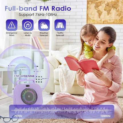 KOVCDVI 9-ühes CD-mängija Bluetooth-raadio CD-mängijaga, kõlariga, USB/TF-kaardi/AUX taasesitusega, äratuskell, taimer, kaugjuhtimispult, tolmukate, ekraan, kõrvaklappide pesa, lilla