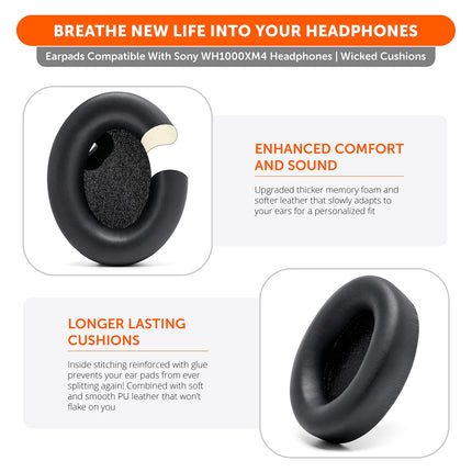 WC Wicked Cushions Extra Thick Ear Pads for Sony WH1000XM4 Headphones – Soft PU Leather, Luxurious Noise-Isolating Memory Foam, Works with Ear Sensor | Black