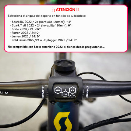 Bike3D GPS-hoidik ühildub Scott Sparki ja Patron 2022/25, Scott Scale'i või Lumen 2023/25 ning Scott Voltage'i, Geniuse või Ransom 2024/25 (-12º) kelladega