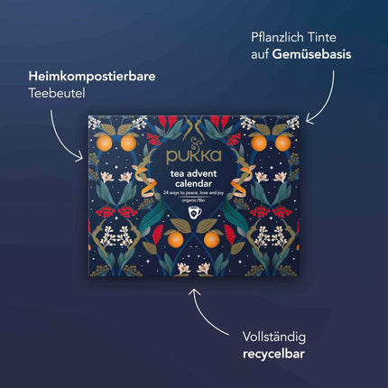 Pukka tee kinkekomplekt, orgaanilise tee advendikalender, "Heaolukalender 2024", keskkonnasõbralik, šokolaadivaba, piimavaba, teekomplekt, kingiidee, 23 erinevat teed, 24 teekotti