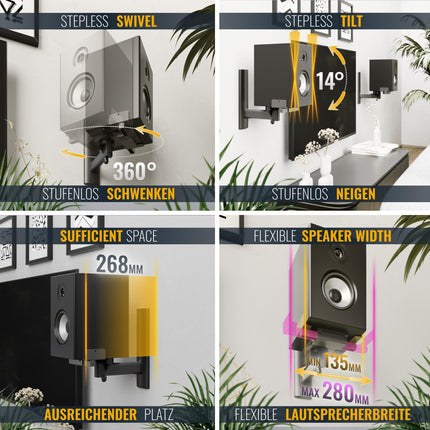 RICOO 2X speaker wall mounts universal speaker wall mounts swiveling tilting LH023-B bracket speaker wall mount speaker mount set up to max. 25 kg wall mount speaker wall mount