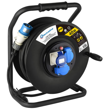 Electraline 49059, Industrial cable reel H07 RN-F 3G2.5 40 m cable - IP44 outdoor/cable reel with rubber extension, 2 industrial cold appliance sockets with 3-pin plug + 1 Schuko socket