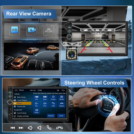 Apple Carplay Car Radio 2 Din with Android Auto Bluetooth Handsfree 7 Inch Touchscreen Car Radio with Mirror Link FM/USB/AUX/EQ/TF Steering Wheel Control + Rear View Camera Microphone Remote Control