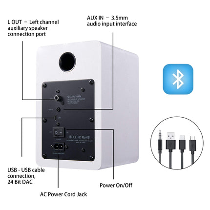 Sanyun SW208 3" aktiivsed Bluetooth 5.0 riiulikõlarid - 60W süsinikkiust kõlariüksus - sisseehitatud 24-bitine DAC - dünaamiline 3D ruumiline heli - 2.0 arvutimonitor (paar, valge)