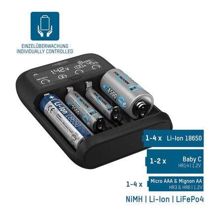 ANSMANN akulaadija 1-2 NiMH akule AAA AA Baby C või 4 Li-Ion 3.6V/3.7V / LiFePO4 (3.2V) 26650, 22650, 18650, 18500, 17670, 16340, 14500