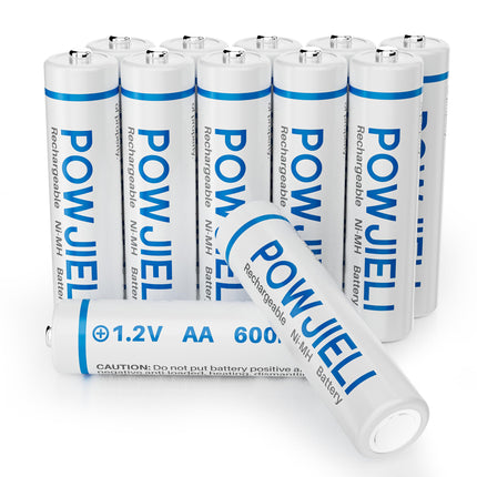 POWJIELI Ni-MH AA Rechargeable Batteries, Double A Solar Batteries 600mAh 1.2V Pre-Charged for Garden Landscaping Outdoor Solar Lights, String Lights, Path Lights (12 Pack)