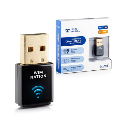 WiFi NationWLAN Dongle Mini 802.11ac AC600 USB WLAN Adapter, Chipset: Realtek RTL8811AU, Dual Band 2.4 GHz or 5 GHz, Windows, MacOS and Linux supported
