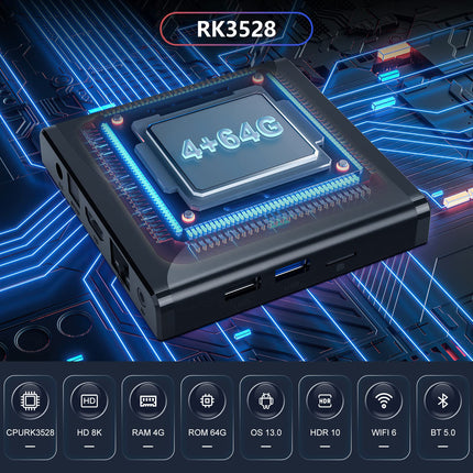 Android 13.0 teleriboks, 4 GB muutmälu, 64 GB ROM, RK3528 neljatuumaline 64-bitine Cortex-A53 kiip, 8K UHD video, 2.4G/5G kahekordne WiFi, Bluetooth 5.0, nutiteleriboks miniklaviatuuriga