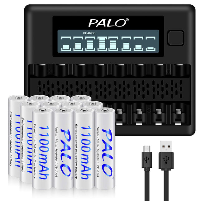 Laetavad akud AAA koos laadijaga - 12 tk AAA 1100mAh laetavaid akuid 1,2 V NiMH 8 pesaga nutika LCD-ekraaniga akulaadijaga