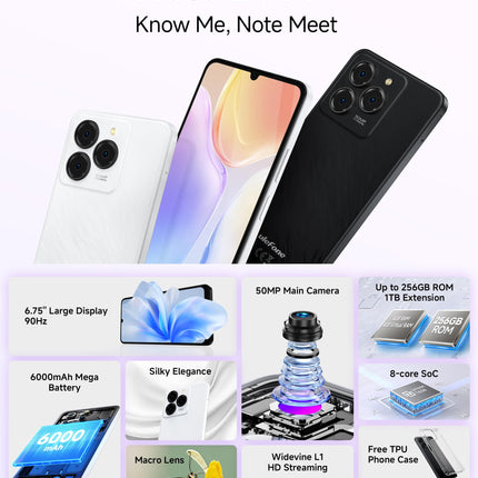 Ulefone Note 20 Pro Android 14 nutitelefon, 6,75-tolline HD+ ekraan, 256 GB ROM + 8 GB RAM, 50MP kaamera, 6000mAh aku, lukustamata 4G kahe SIM-kaardi pesa/näotuvastuse/sõrmejäljelugeja/GPS/OTG