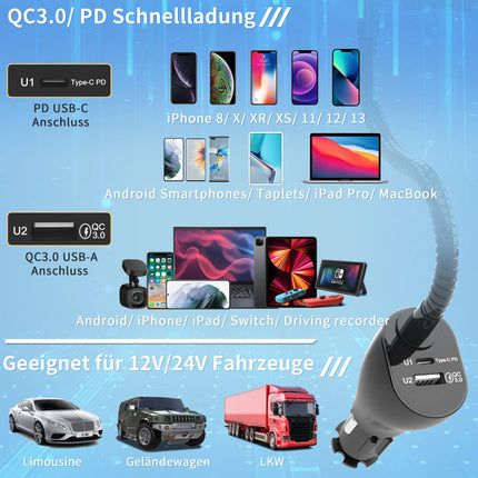 SOAIY 3-ühes universaalne autotelefoni hoidik, laadimisfunktsiooniga, 2 porti, QC3.0 PD, kiirlaadimisega USB autolaadija, 38W 12V/24V sigaretisüütaja toiteplokk, LED-pinge näidikuga nutitelefonidele
