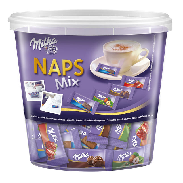 Milka Naps Mix 1 x 1kg purk, õrnalt sulavad minišokolaaditahvlid Alpide piimast, maasikast, sarapuupähklist ja kakaokreemist.