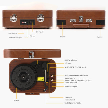 Plaadimängija kõlarite ja Bluetooth 5.4-ga | 33/45/78 p/min vinüülplaadimängija | USB digiteerija, RCA/AUX, kandekott (retrodisain) (pruun)