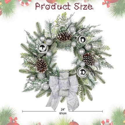 61cm Christmas wreath Artificial wreath with decorative Christmas balls, bow, pine cones Christmas decoration door wreath for Advent celebrations, house wall hanging or Christmas decoration