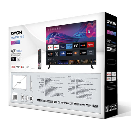DYON Smart 40 VX-2-40-tolline (100 cm) Full HD nutiteler HD kolmekordse tuuneriga (DVB-C/-S2/-T2), App Store, Prime Video, Netflix, YouTube, DAZN, Disney+ ja hotellirežiim