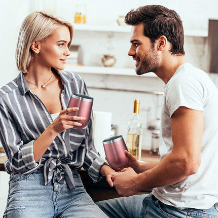 FloweryOcean roostevabast terasest veiniklaas, 2 pakki 12 untsi veiniklaase kaasa võtmiseks, hoiab kuuma 5 tundi / külma 10 tundi, BPA-vaba, kaheseinaline vaakumisolatsiooniga veiniklaas, matkakingitus naistele, roosakuldne