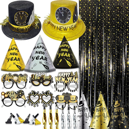 Bdecoll Glitter New Year's Eve Decoration 2025 Set, Happy New Year Glasses, 8pcs Black and Gold Party Hats New Year's Eve Decoration New Year's Eve Party Accessory for Christmas New Year Party Decoration