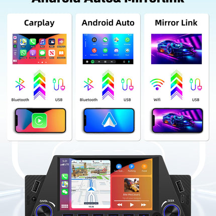Autoraadio 1 DIN juhtmevaba CarPlayga, Android Auto 5-tolline puutetundlik ekraan, Bluetooth-ühendusega autostereo, toetab MirrorLinki/FM-raadiot/EQ-d/C-tüüpi laadimist/2 USB/AUX/SWC+tagurduskaamera kaugjuhtimispulti