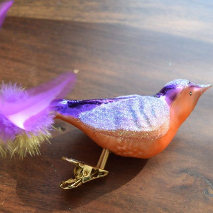 Dekohelden24 Bird Fantasy Set with Clip, Lilac - Christmas Tree Decoration, Glass, Set of 3, Christmas Decorations