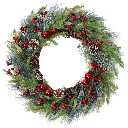 Weldomcor 60CM Christmas Wreath Door Wreath, Large Christmas Garland Fir Wreath with Christmas Balls Pine Cones Berry for Front Door Fireplace Wall Decoration