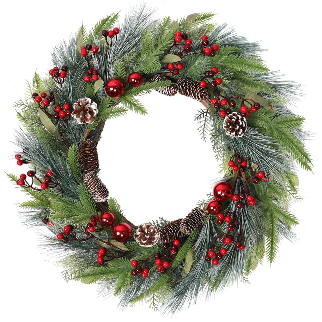 Weldomcor 60CM Christmas Wreath Door Wreath, Large Christmas Garland Fir Wreath with Christmas Balls Pine Cones Berry for Front Door Fireplace Wall Decoration