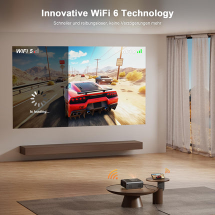 Nutikas projektor【Netflixi ametlik/autofookusega trapetsikorrektsioon】 Full HD 1080P 25000L projektor 4K toega, VOPLLS ​​​​WIFI6 Bluetooth kodukino video-/välisprojektor Androidile/iPhone'ile/mobiiltelefonile statiiviga