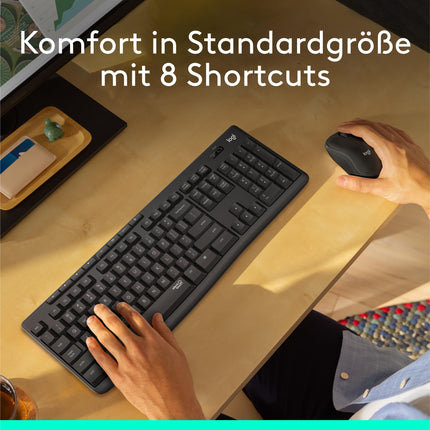Logitech MK295 juhtmevaba klaviatuuri ja hiire komplekt SilentTouch tehnoloogiaga, otseteede klahvidega, optilise jälgimisega, nano-USB-vastuvõtjaga, viivituseta juhtmevaba ühendusega, QWERTZ-paigutus - grafiit, PC
