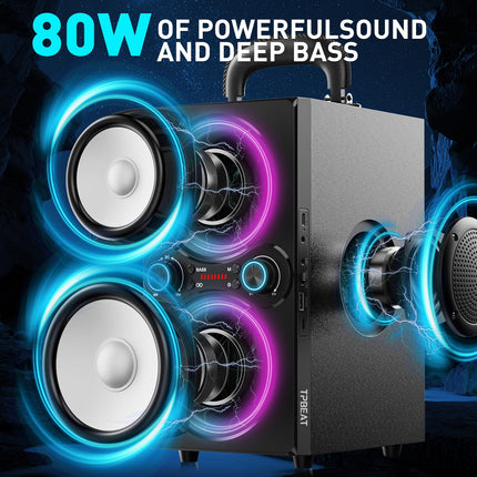 TPBEAT Bluetooth Speaker, 80W Wireless Bluetooth Box Music Box Large, Bass Boost, with Light, 100dB Huge Sound TWS Stereo Party Soundbox, with Microphone Input/USB/TF/AUX