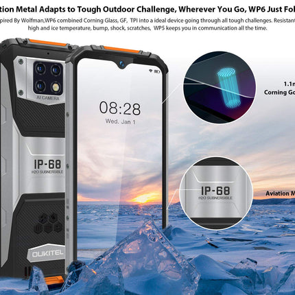 OUKITEL WP6 (2020), IP68 Outdoor Smartphone Unlocked, 10000 mAh Battery (18 W Fast Charging), 48 MP Quad Camera, Helio P70 6 GB + 128 GB, 6.3 inch FHD+ Rugged Phone, DUAL SIM GPS WiFi Orange