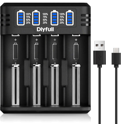 Dlyfull 18650 laadija, 4 pesaga universaalne akulaadija LED-ekraaniga, kiire USB-C akulaadija 18650 21700 17500 16340 26650 AA AAA C 3,7 V liitiumioonakude ja 1,2 V NI-MH/NI-CD aku jaoks